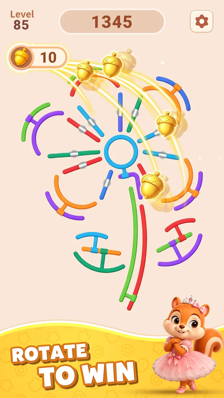 Rotate Rings 宣傳圖：彩色圓環、橡果與松鼠